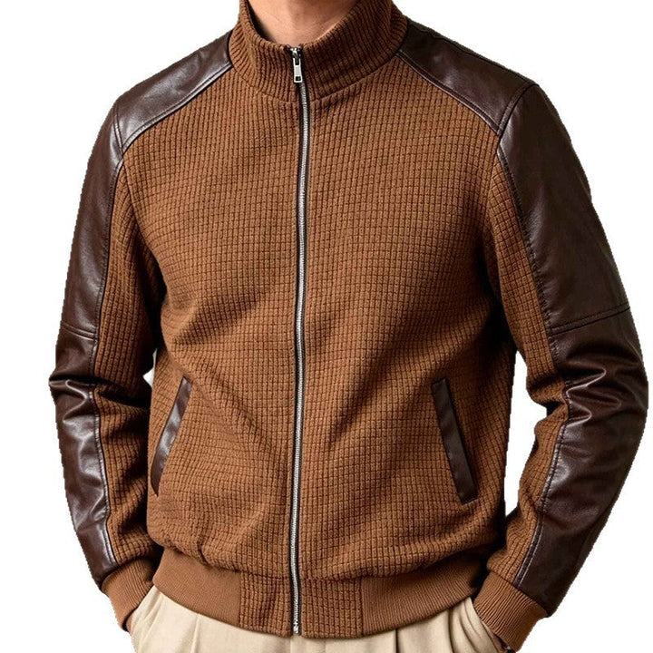 Stilvolle Herrenmode: Casual Übergangsjacke in Braun/Grau mit Stehkragen, ideal für Herbst.