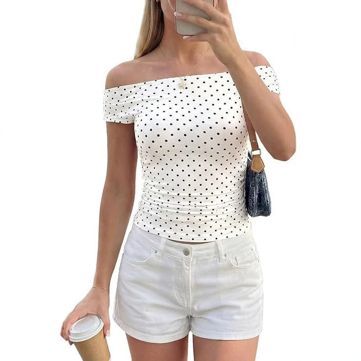 Elegantes schulterfreies Polka-Dot Top für Damen, figurbetont und tailliert, perfekt für Sommer Casual Chic.