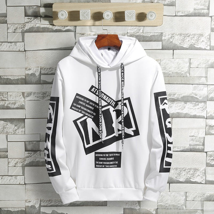 Herren Kapuzenpullover mit auffälligem, modernem Druckdesign; lässiger Hoodie für Streetwear-Outfits.