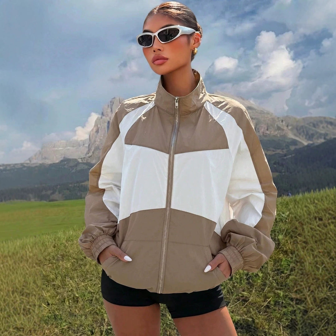 Modische Damen Sportjacke mit farbblock-Design, leichtem Stoff & schützendem Stehkragen – perfekt als Windbreaker.