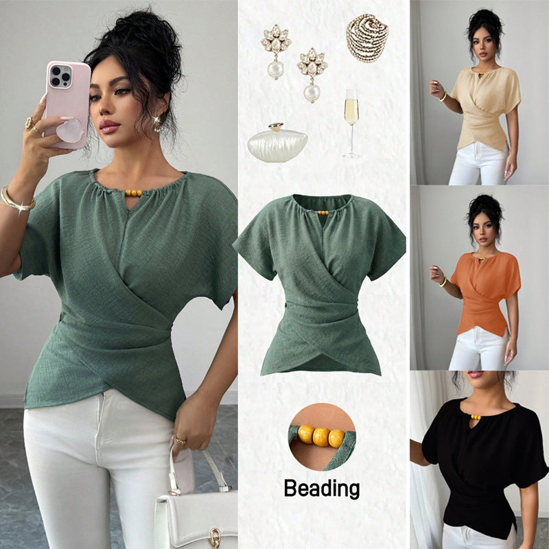 Damen Tailliertes Top mit eleganten Perlen, Schlüsselöffnung & modischer Drapierung. Perfekt für Büro & Freizeit.