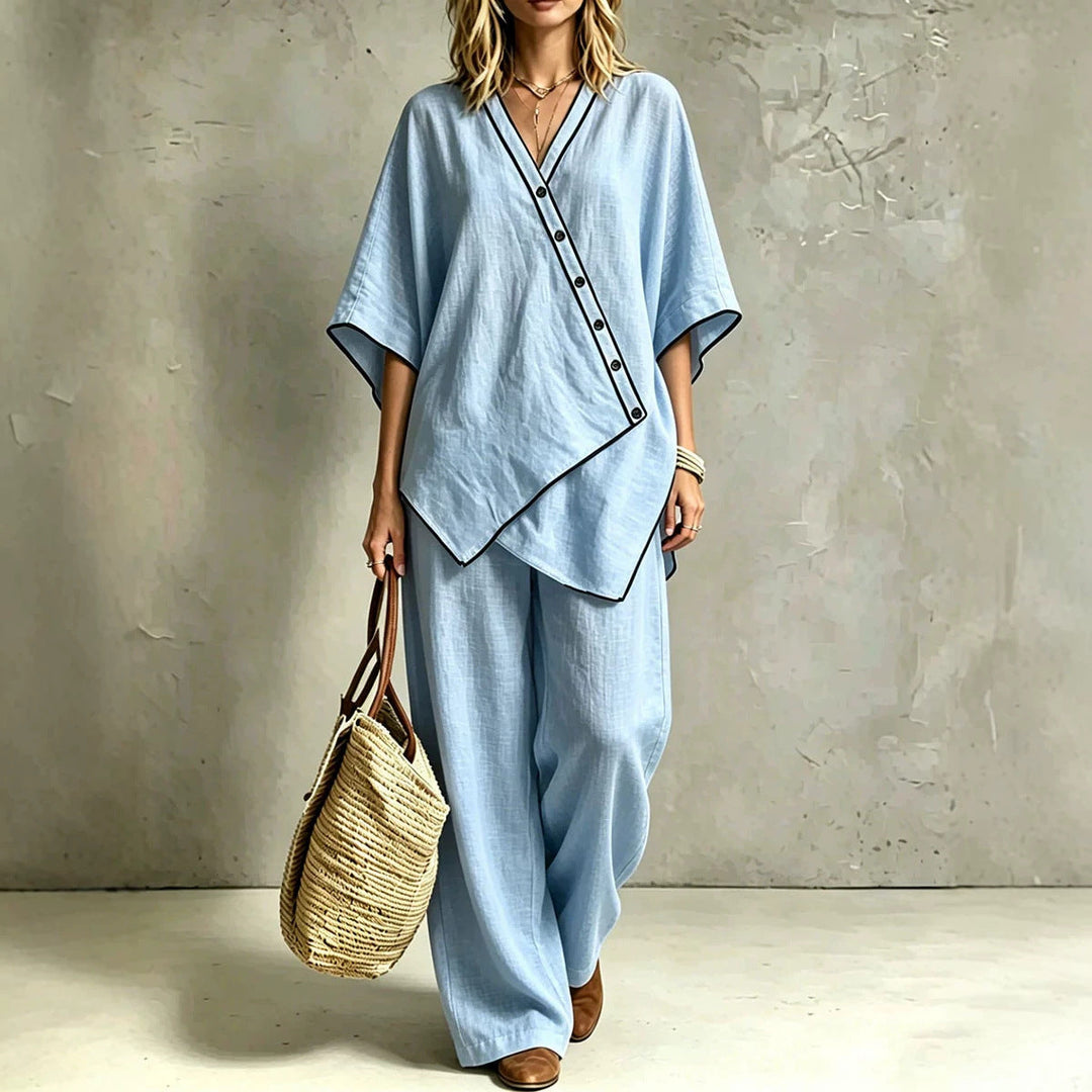 Komfortables Damen Tunika-Set: Asymmetrische Tunika & weite Palazzohose. Stilvolle Freizeitmode für Frühling.