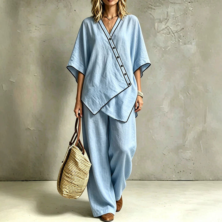 Komfortables Damen Tunika-Set: Asymmetrische Tunika & weite Palazzohose. Stilvolle Freizeitmode für Frühling.