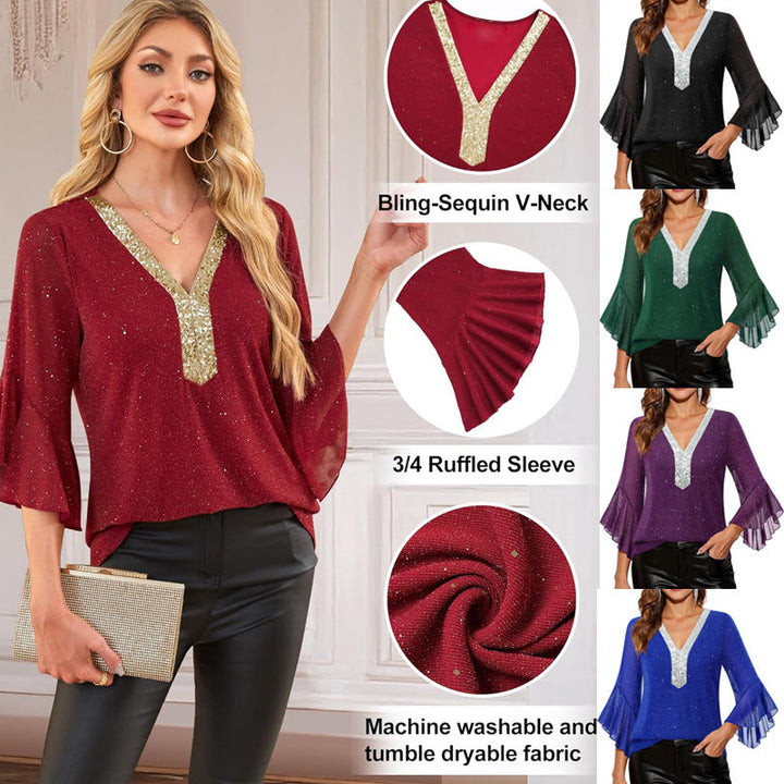 Damen Bluse V-Ausschnitt mit eleganten Pailletten & fließenden Volantärmeln, perfekt für festliche Anlässe.