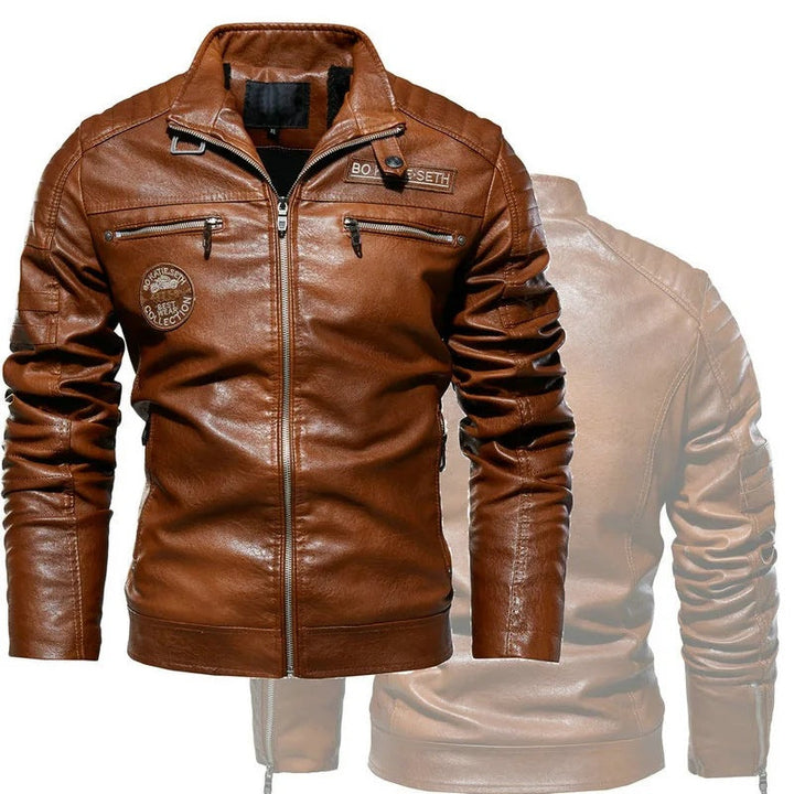 Nahaufnahme der stilvollen Details einer schwarzen Herren-Motorradjacke, Reißverschlüsse und Kragen.