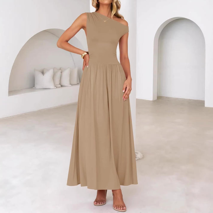 Elegantes Damen Abendkleid, One-Shoulder Maxikleid mit Seitentaschen, ideal für festliche Events.