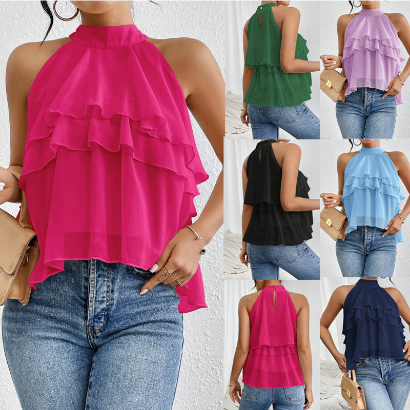 Luftiges Damen Volant-Top mit elegantem Stehkragen, ärmellos, perfekt für Sommer und schicke Anlässe.