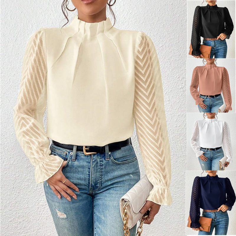 Damen Chiffonbluse mit elegantem Stehkragen & transparenten Langarm-Ärmeln für Büro & Abend. Stilvoll.