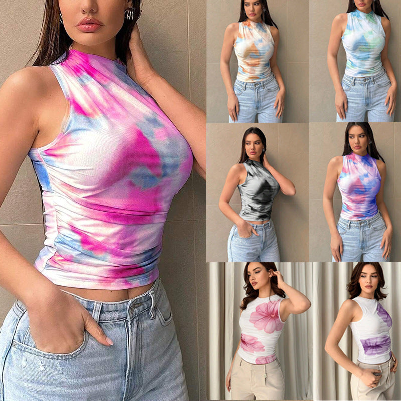 Damen tailliertes Batik Top mit Stehkragen, ärmellos für Sommer & Frühling.