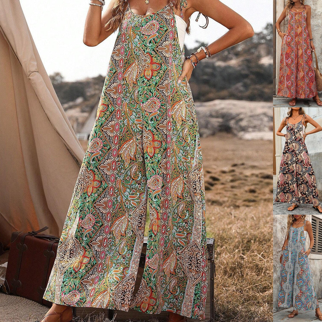 Damen Palazzo Overall mit Boho-Print, weitem Bein & verstellbaren Trägern. Ideal für Sommer & Freizeit.