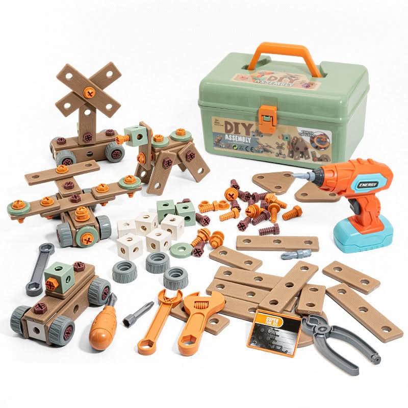 Kinder Werkzeugkoffer mit elektrischem Schrauber, Bau-Set und Zubehör aus ABS Kunststoff für kreatives Spiel.