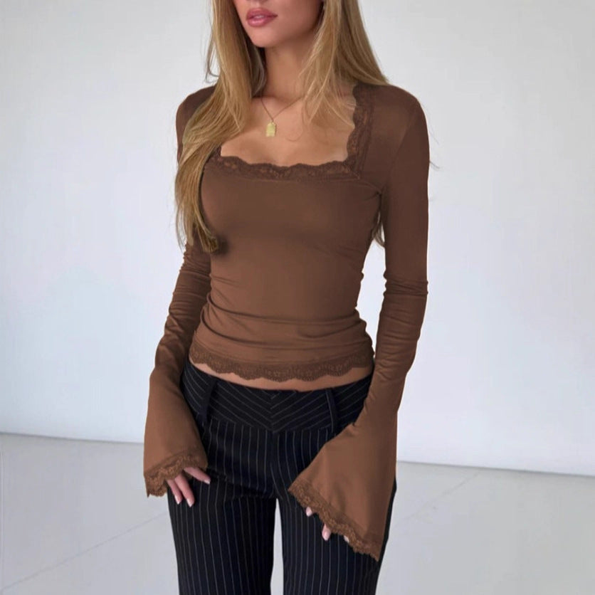 Elegantes Damen Langarmshirt mit filigranem Spitzenbesatz; vielseitiges Oberteil für modische Looks.