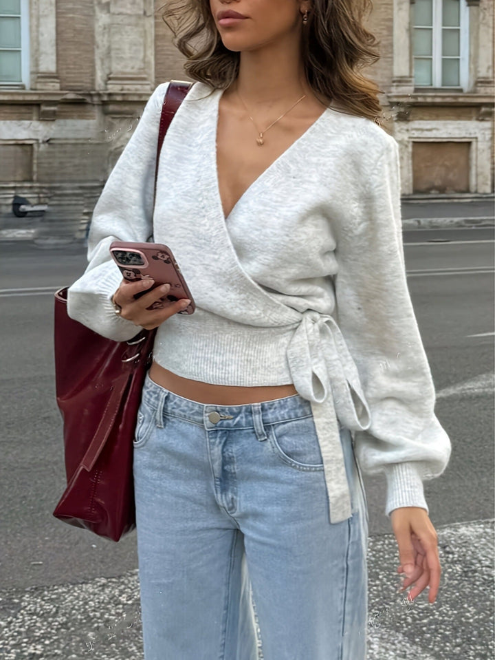 Elegante Damen Wickelstrickjacke mit Bindegürtel für lässigen Komfort; ideal für Büro & Freizeitmode im Frühling/Herbst.