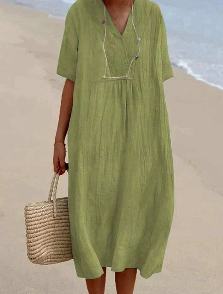 Elegantes Baumwoll-Leinen Sommerkleid Aria, A-Linie, V-Ausschnitt, Kurzarm, mit praktischen Taschen.