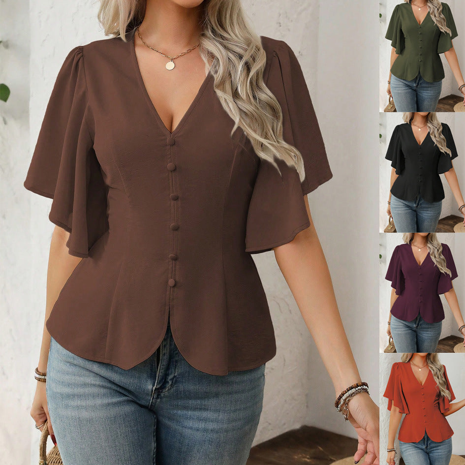 Elegante Damenbluse mit V-Ausschnitt, Schößchen & Volantärmeln. Figurbetontes Oberteil für Büro & Abend.