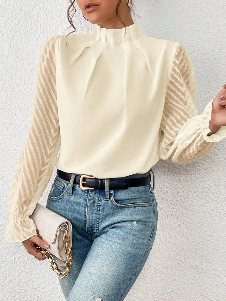 Elegante Damenbluse: Chiffon mit Stehkragen und transparenten Langarm-Ärmeln für gehobene Anlässe.
