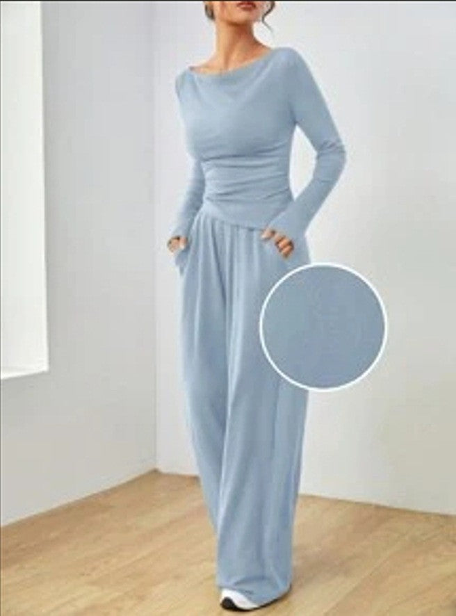 Stilvolles Damen Freizeitanzug Set, elegant & bequem. U-Boot-Ausschnitt Top, weite Palazzo Hose.
