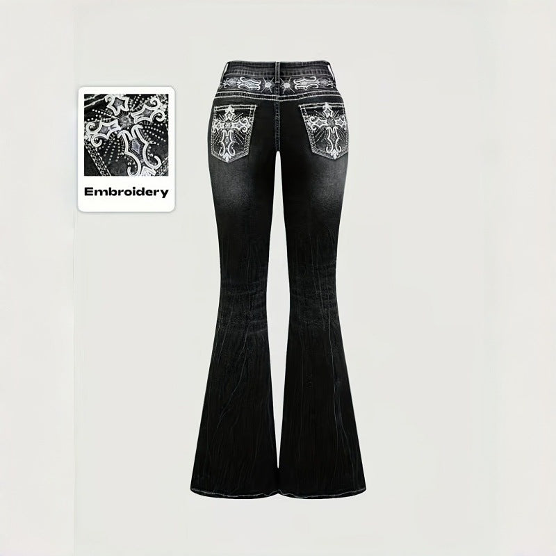 Elegante Damen Bootcut Jeans in Schwarz mit dezenter Stickerei. Perfekt für Freizeit & Alltag.