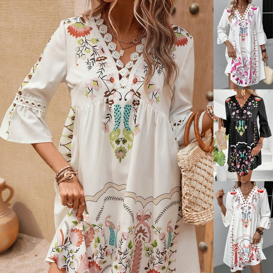 Elegantes Damen Boho-Kleid mit Häkel-V-Ausschnitt, Stickerei & fließender A-Linie. Perfekt für den Sommer.