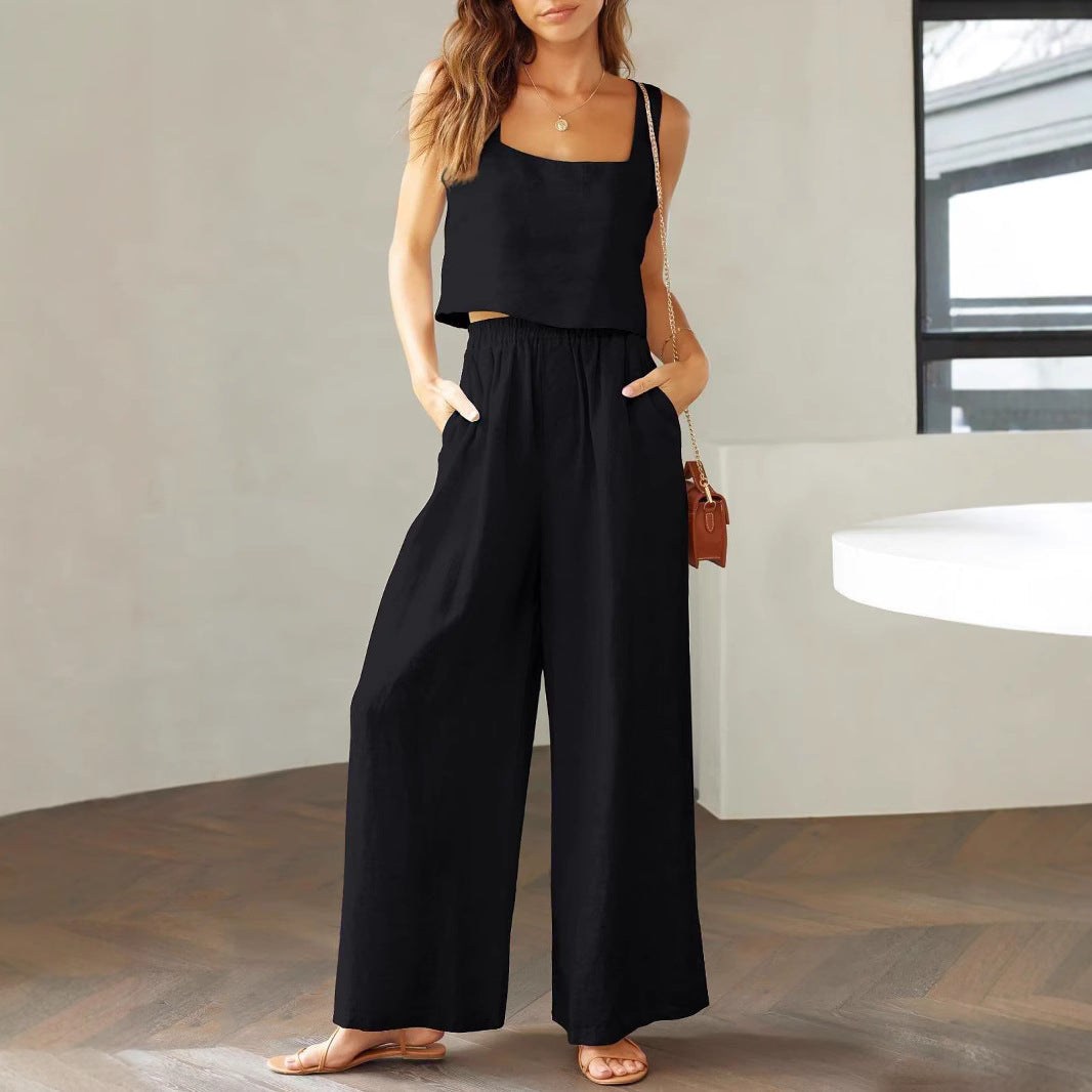Damen Sommer Zweiteiler Set: luftiges Cropped Top & weite Baumwollhose. Bequemes Freizeit-Outfit für Frauen.