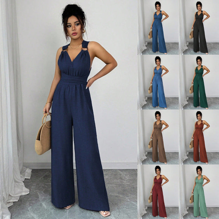 Damen Jumpsuit mit weitem Bein, elegantem Schnitt & Taillengürtel. Ideal für Sommer & Abendmode.