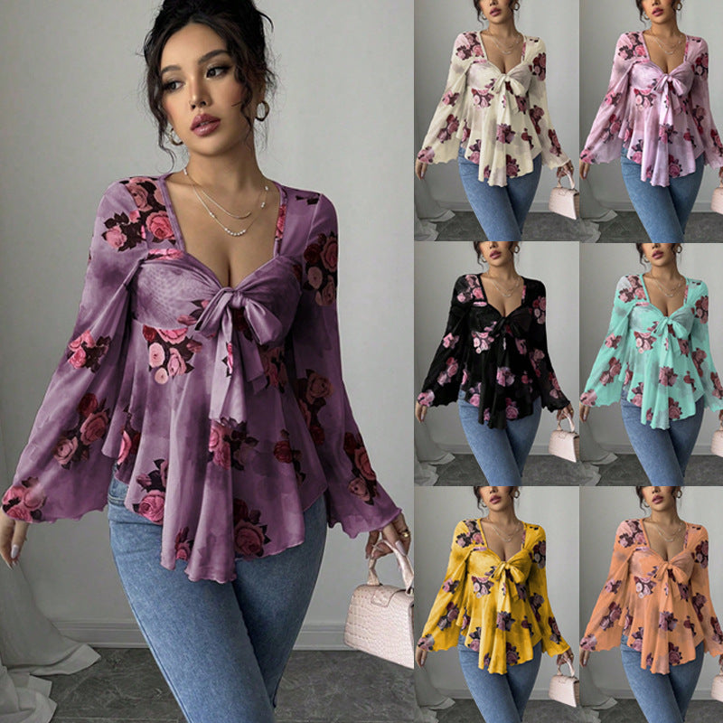 Damen Babydoll-Bluse mit transparenter Floral-Print und stilvoller Knotenfront.