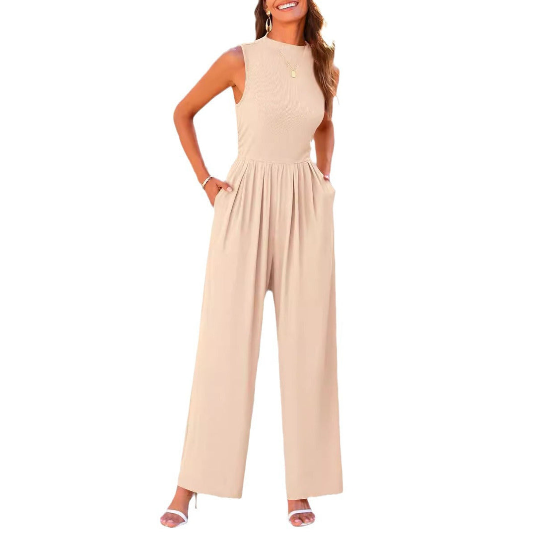 Eleganter ärmelloser Damen Jumpsuit mit Palazzohose und Rippenoberteil für Büro und besondere Anlässe.
