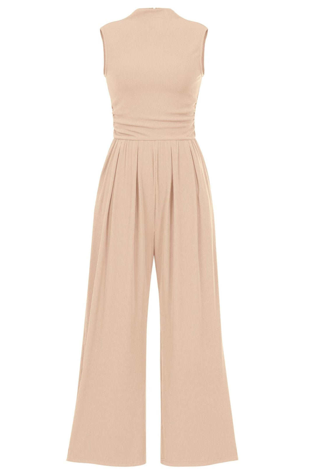 Casual Damen Jumpsuit ärmellos, in Beige. Mit Rippenoberteil & fließender Palazzohose. Ideal für Sommer.