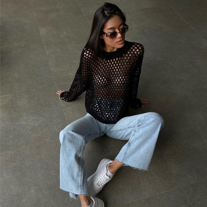 Bequemes & luftiges Damen Netzoberteil mit Langarm. Transparentes Design für einen lässigen Sommer-Look, ideal für warme Tage.
