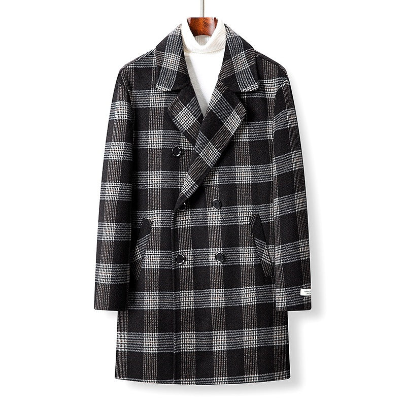 Herren Übermantel kariert, Schwarz-Grau, Doppelknopf-Design. Perfekter eleganter Wintermantel für Männer.