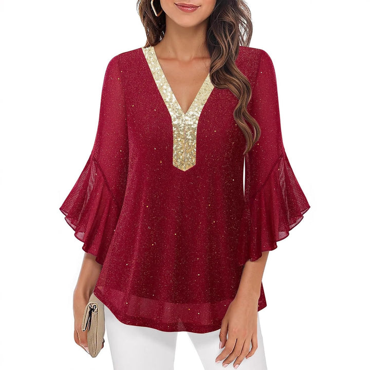 Party Bluse für Damen: V-Ausschnitt, funkelnde Pailletten & trendige Volantärmel für einen glamourösen Look.