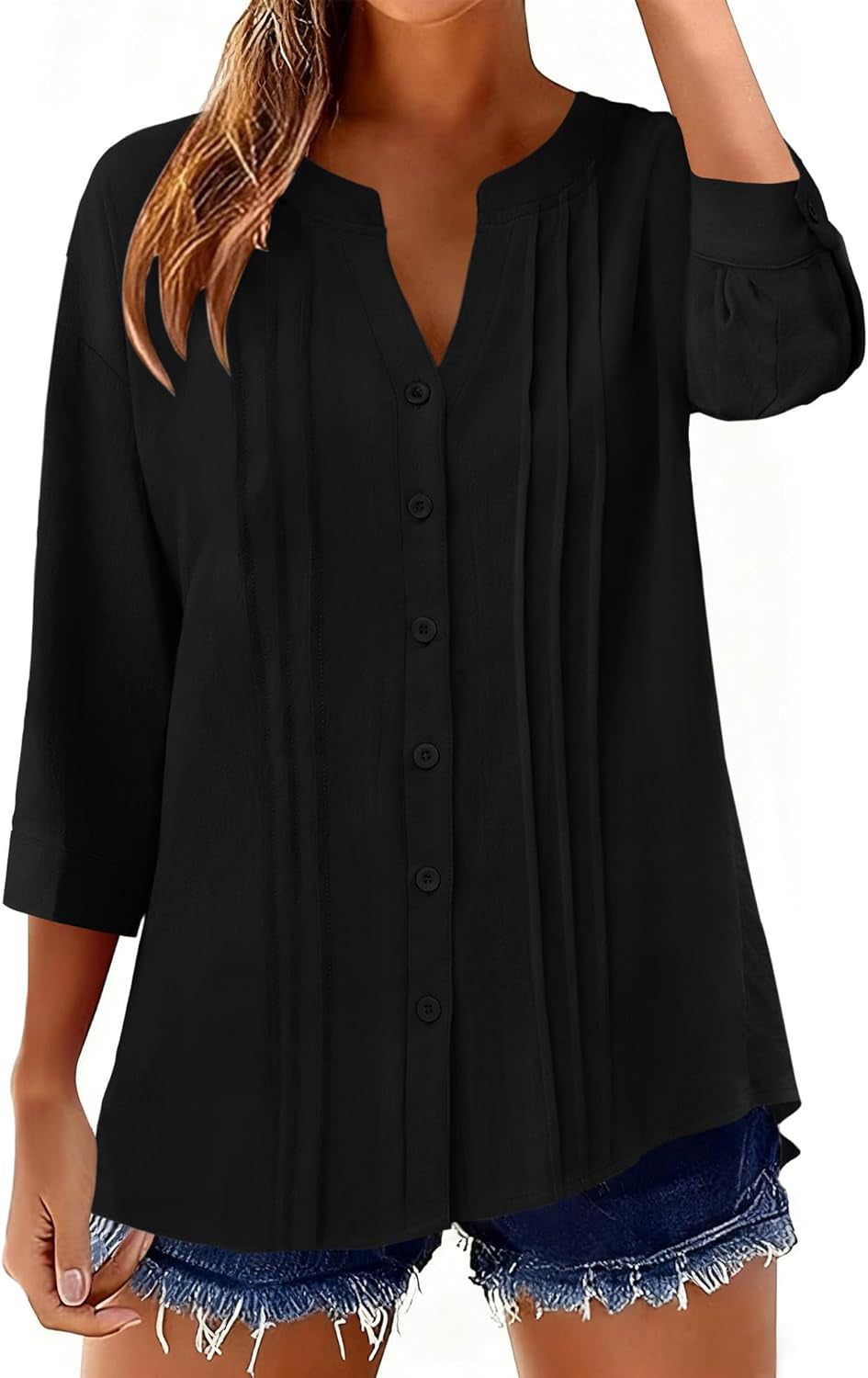 Bequemes Damen Tunikashirt, lockeres Design mit Kellerfalten & Dreiviertelärmeln. Frühlingsmode Must-have.