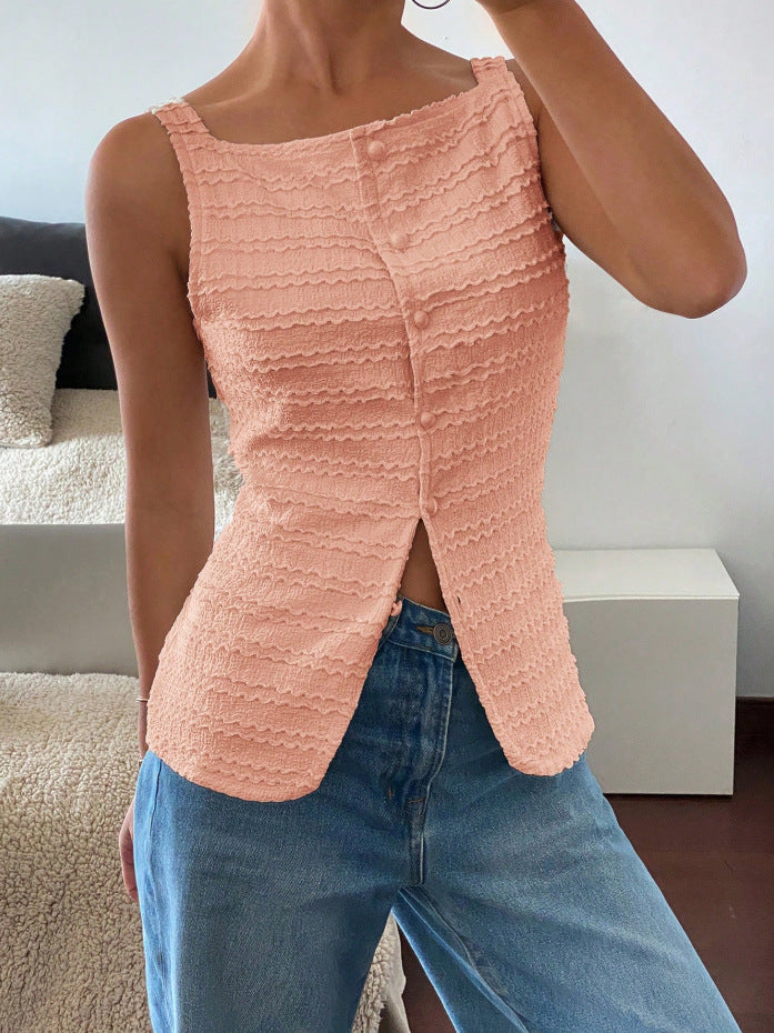 Ärmelloses Struktur-Top für Damen, mit schicker Zierknopfleiste, ein modisches Oberteil.