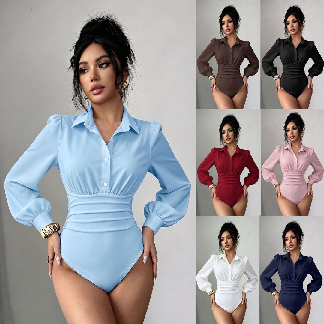 Damen Hemd-Body in Weiß mit eleganten Puffärmeln & taillierter Raffung. Perfekt für Business & Abendmode.