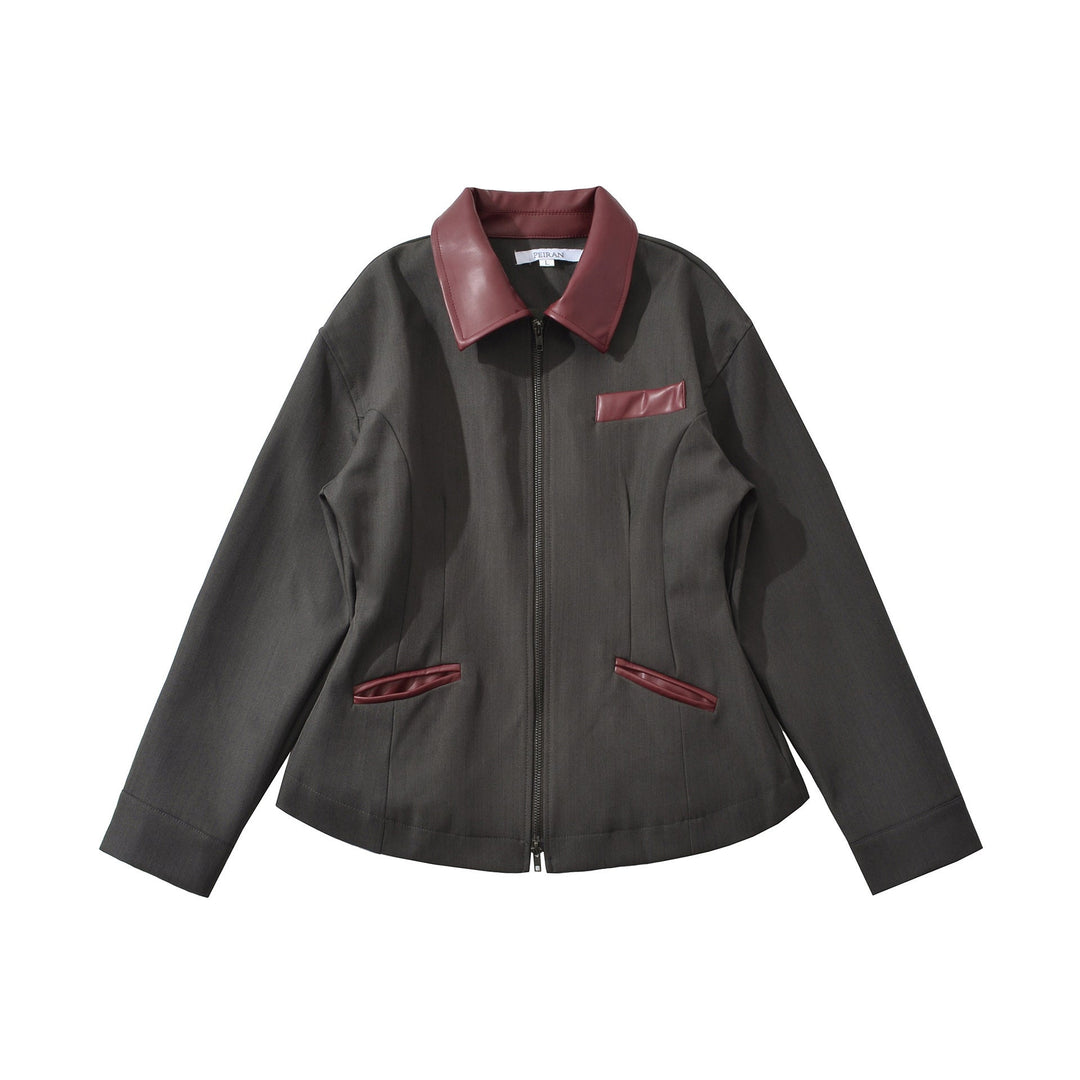 Nahaufnahme der modischen Damen Übergangsjacke mit elegantem Kragen und hochwertiger Verarbeitung. Stilvoll & modern.