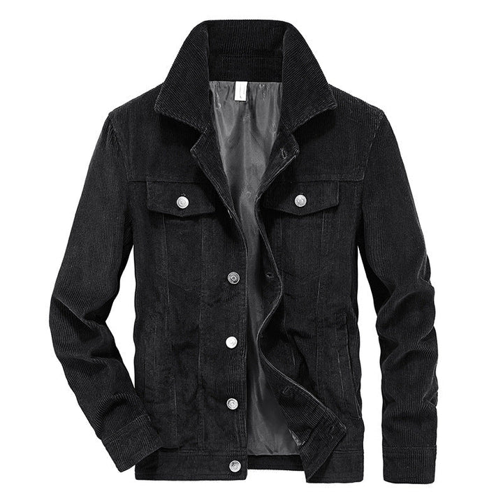 Elegante Herren Übergangsjacke Elias aus dünnem Cord in Schwarz, vielseitig kombinierbar für Frühling und Herbst.