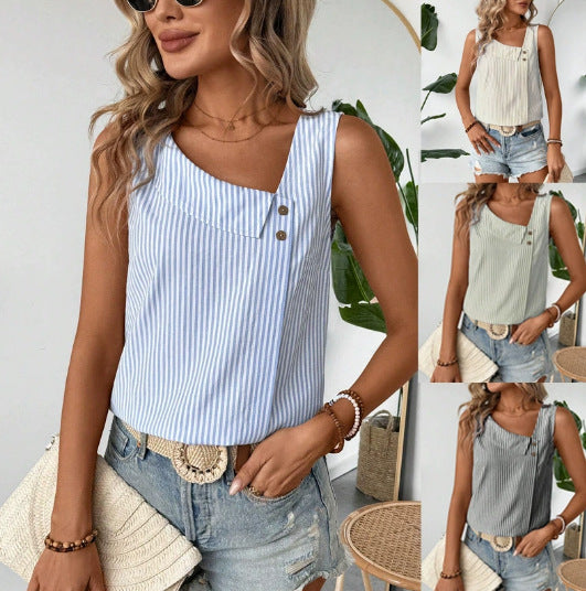 Ärmelloses gestreiftes Damen Cropped Top mit asymmetrischem Kragen für sommerlichen Streetstyle.
