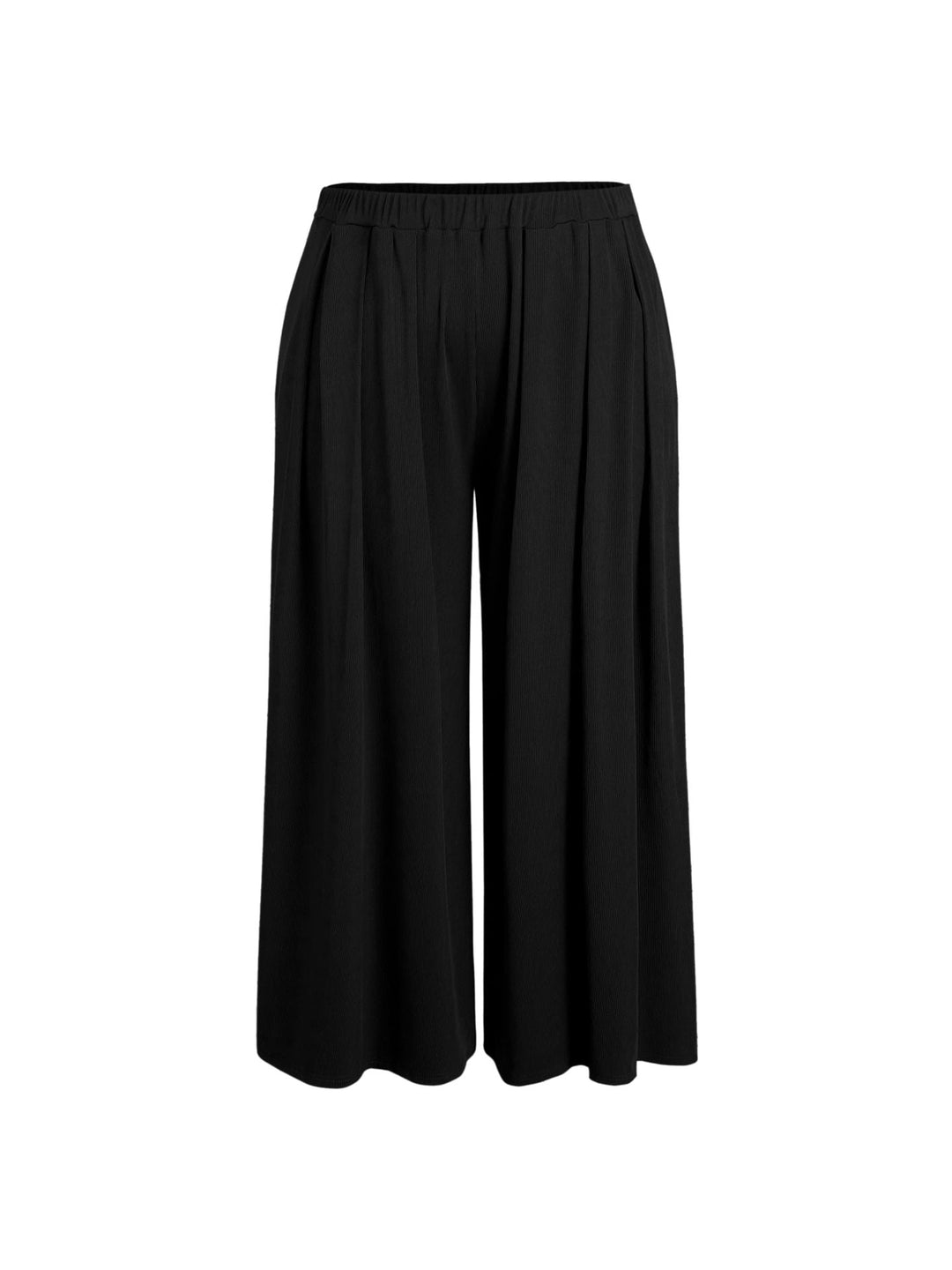 Beige weite Palazzohose für Damen, Detailaufnahme des elastischen Komfortbundes und des eleganten fließenden Stoffes.