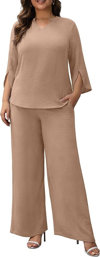 Lässiges, weites Damen Palazzo-Set. Zweiteiler mit V-Ausschnitt und locker fallender Hose.