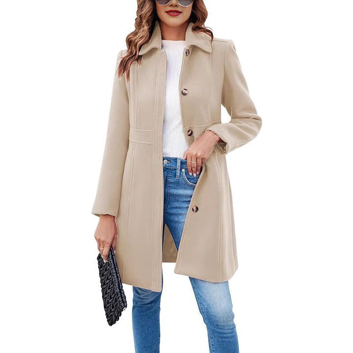 Camel-farbener, klassischer Damen-Oberbekleidungsmantel. Eleganter Schnitt, warm, ideal für Herbst & Winter. Langer Mantel.