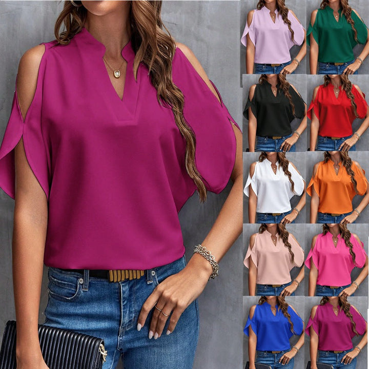 Elegante Damen Carmenbluse mit V-Ausschnitt und Stehkragen. Perfekt für Business Casual und Freizeit.