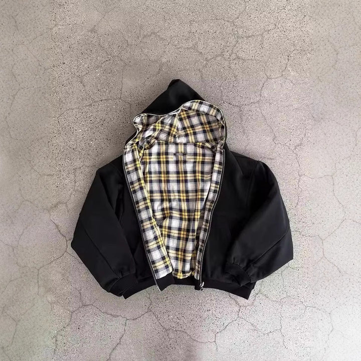 Herren gepolsterter Hoodie mit Reißverschluss, kariertem Futter. Warme Kapuzenjacke für Herbst/Winter Freizeit.