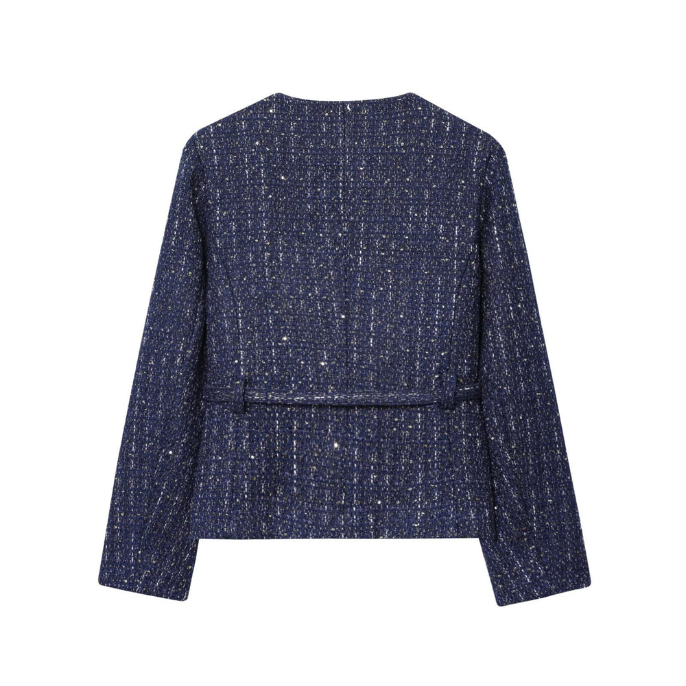 Modische dunkelblaue Damen-Übergangsjacke; kurz, chic, mit goldenen Knöpfen für vielseitige Auftritte.
