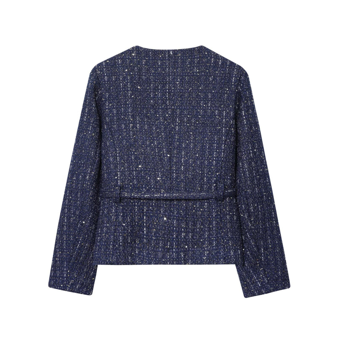 Modische dunkelblaue Damen-Übergangsjacke; kurz, chic, mit goldenen Knöpfen für vielseitige Auftritte.
