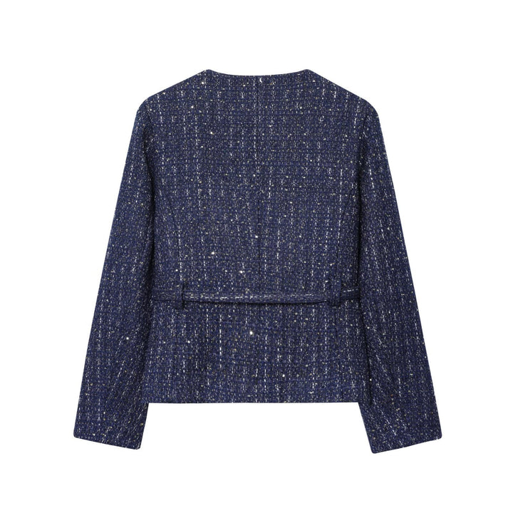 Modische dunkelblaue Damen-Übergangsjacke; kurz, chic, mit goldenen Knöpfen für vielseitige Auftritte.