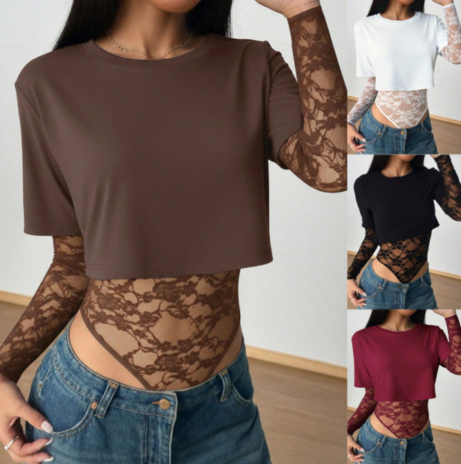 Damen Kurzarm-Shirt mit integriertem Bodysuit in Schwarz, elegant & figurbetont für modernes Layering-Outfit.