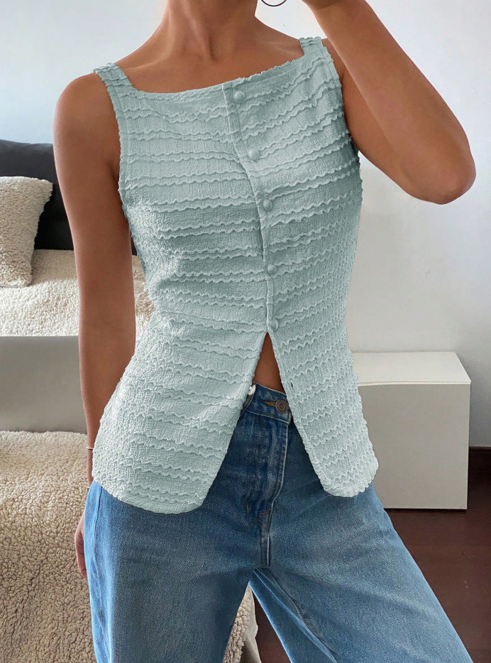 Casual Chic Damen Top, ärmellos, mit Struktur und Zierknopfleiste, perfekt für den Alltag.