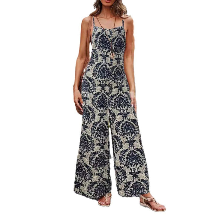 Lockere Passform Damen Sommer Jumpsuit mit stilvollem Paisley-Print, weitem Bein und zarten Spaghettiträgern.