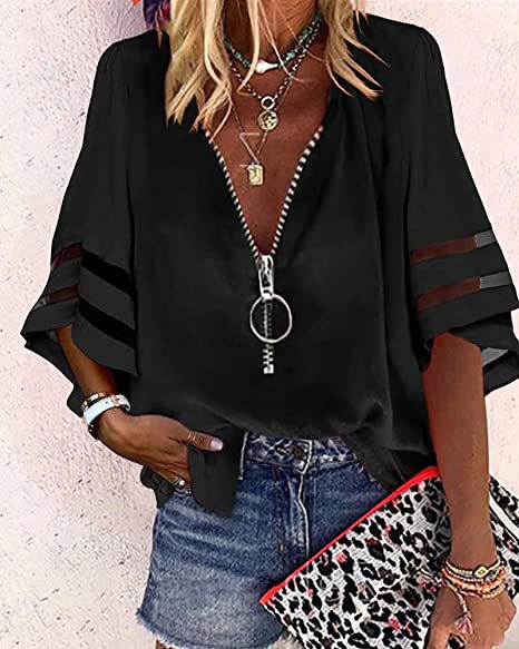 Stilvolle Damen Bluse: V-Ausschnitt, Ringreißverschluss, Cut-Out-Ärmel. Modernes & feminines Sommer-Outfit.