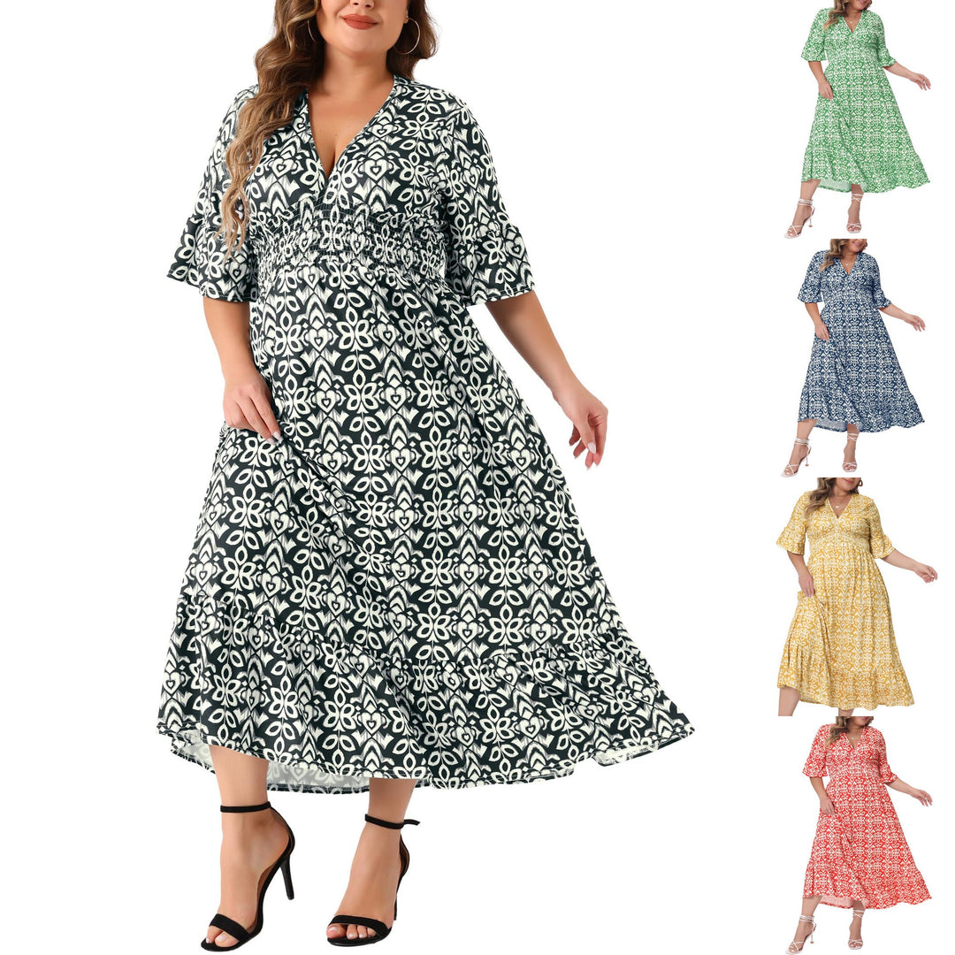 Damen A-Linien Midikleid mit grafischem Print, geraffter Taille & V-Ausschnitt. Elegantes Sommerkleid.